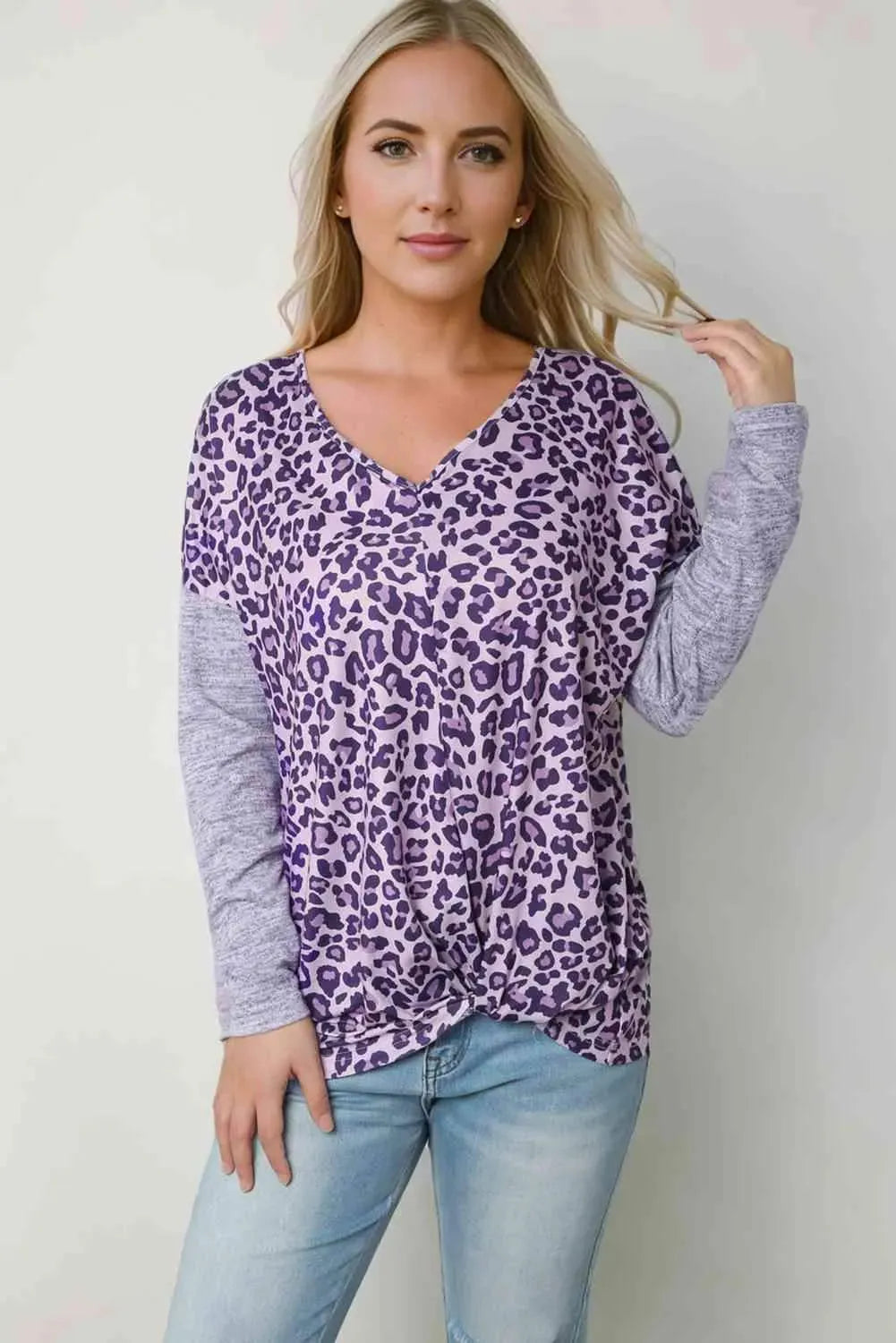 Leopard V-Neck Long Sleeve T-Shirt Lavender Women's T-Shirts - Tophatter Daily Deals
